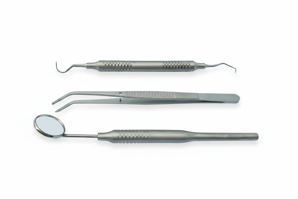 Dental Examination Set – 3-piece stainless steel diagnostic kit, clean white background