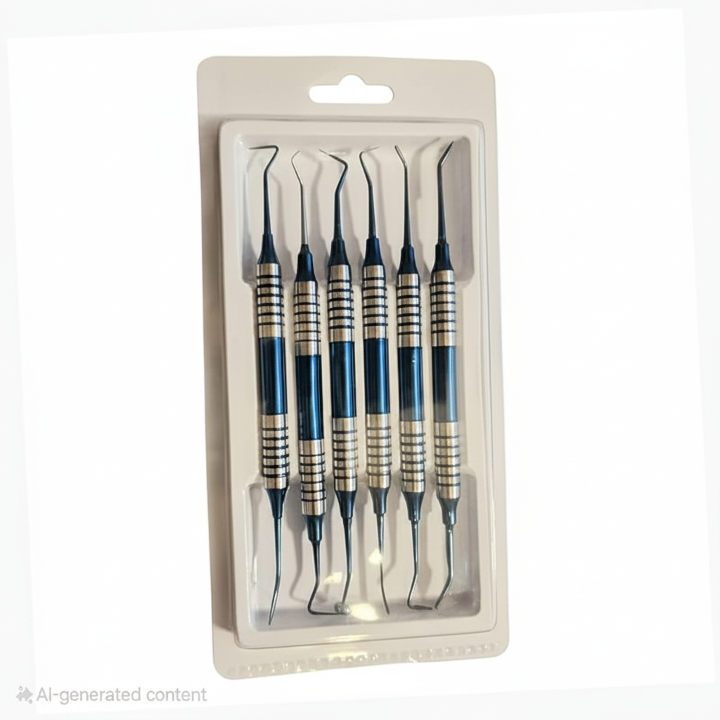 Close-up of dental scaler instruments with blue titanium handles