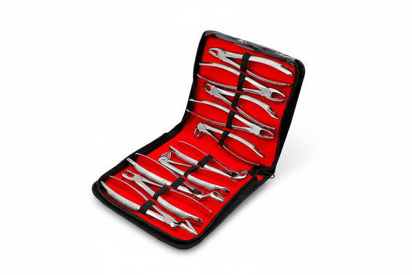 Set of dental tools in a black case with red interior, labeled 'Best Quality'.